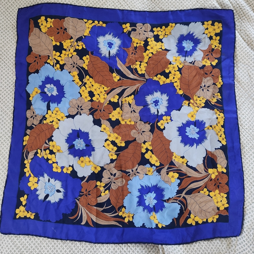 Vintage Floral Scarf with Blue and Brown Accents